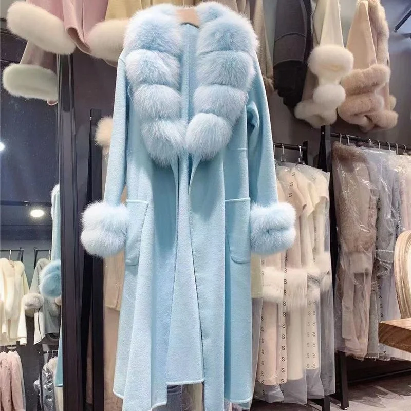 

Women 2023 new collections Fall Winter Plush Real Fur Parka Coat Long natural fox fur cuff trench outerwear