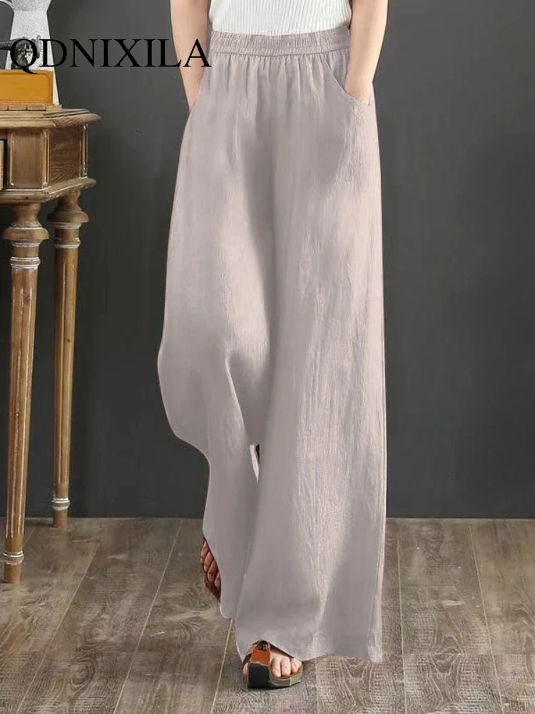 Брюки женские льняные с широкими штанинами свободные штаны кулиской уличная