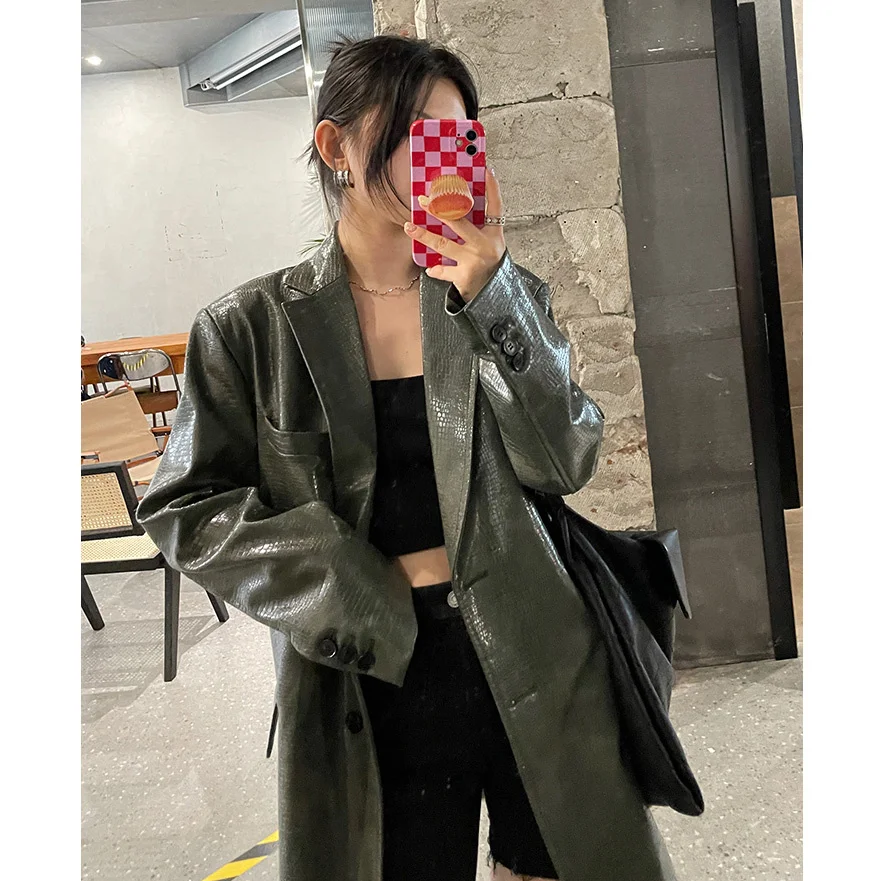 Leather Women Jacket Faux Long Sleeve Loose Coat High Street Fashion 2023 Autumn Stylish Suit Jackets