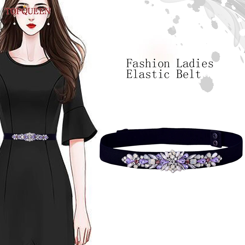 

TOPQUEEN S451 Новый стильный роскошный модный женский аксессуар для платья черный эластичный пояс с фиолетовыми Стразы