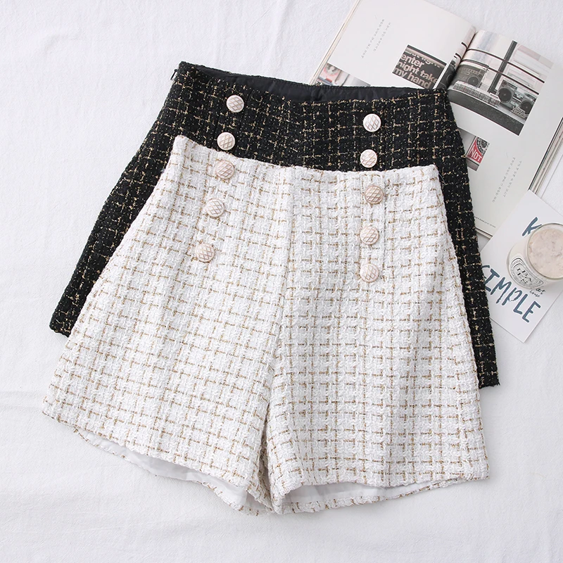 2023 Spring New Fashion Versatile Tweed High Waist Slimming Plaid Double Breasted Shorts Wide Leg Short Pants for Women