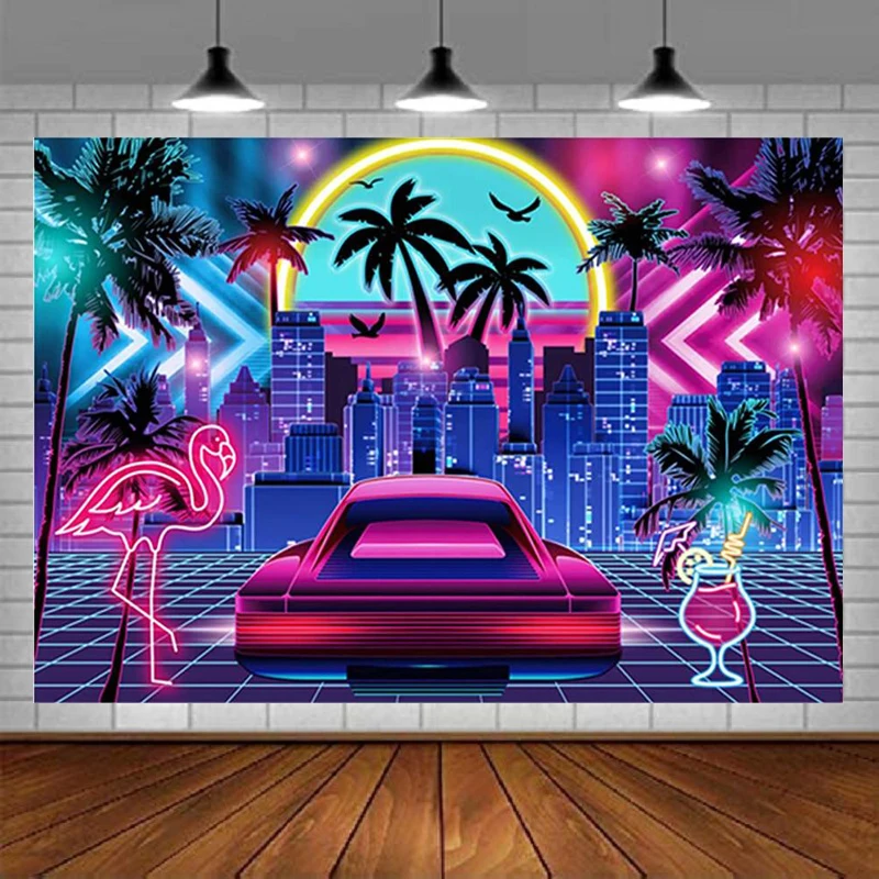 

Miami Backdrop For Retro 80s Summer Disco Style Birthday Party Supplies Tropical Neon City Flamingo Palm Tree Decor Background