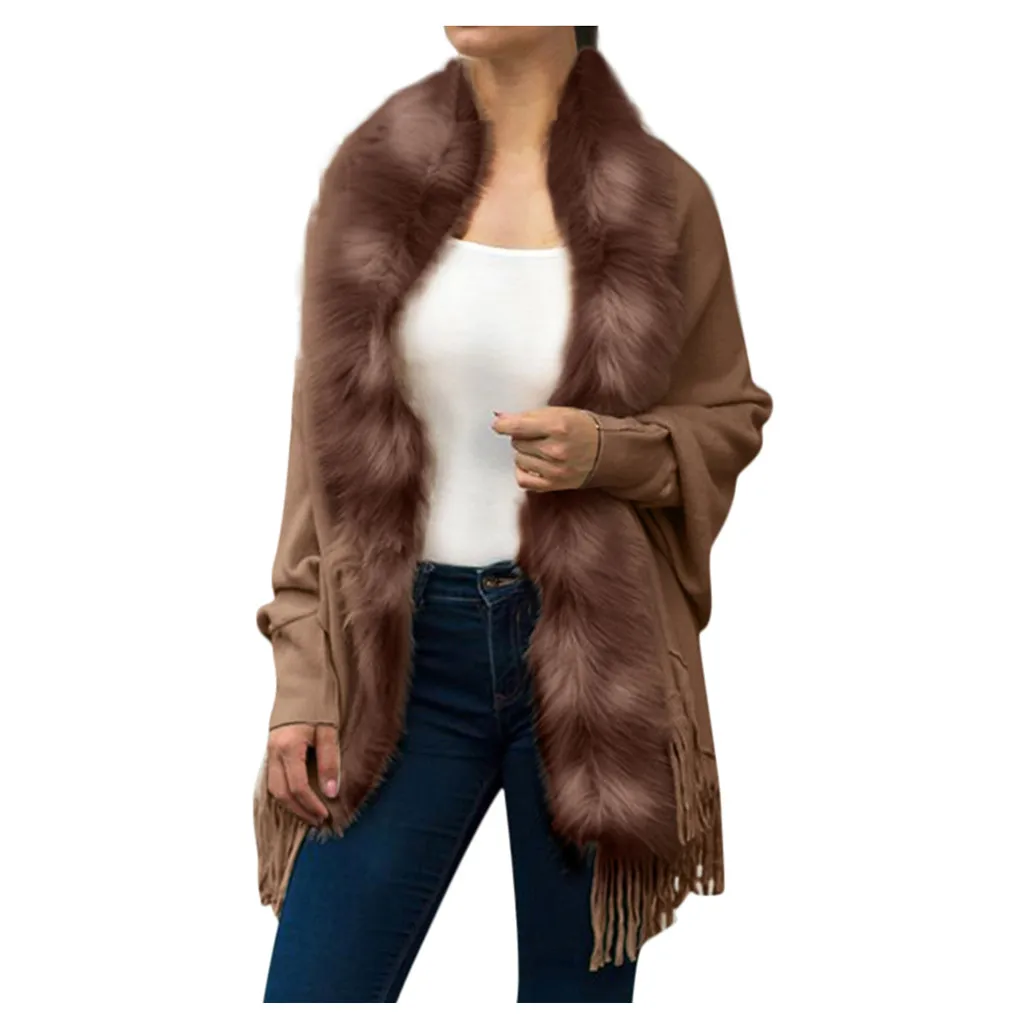 

2023 Autumn and Winter New Fashion Tassel Cloak Shawl Fur Collar Everyday Casual Cloak Solid Color Cardigan Jacket