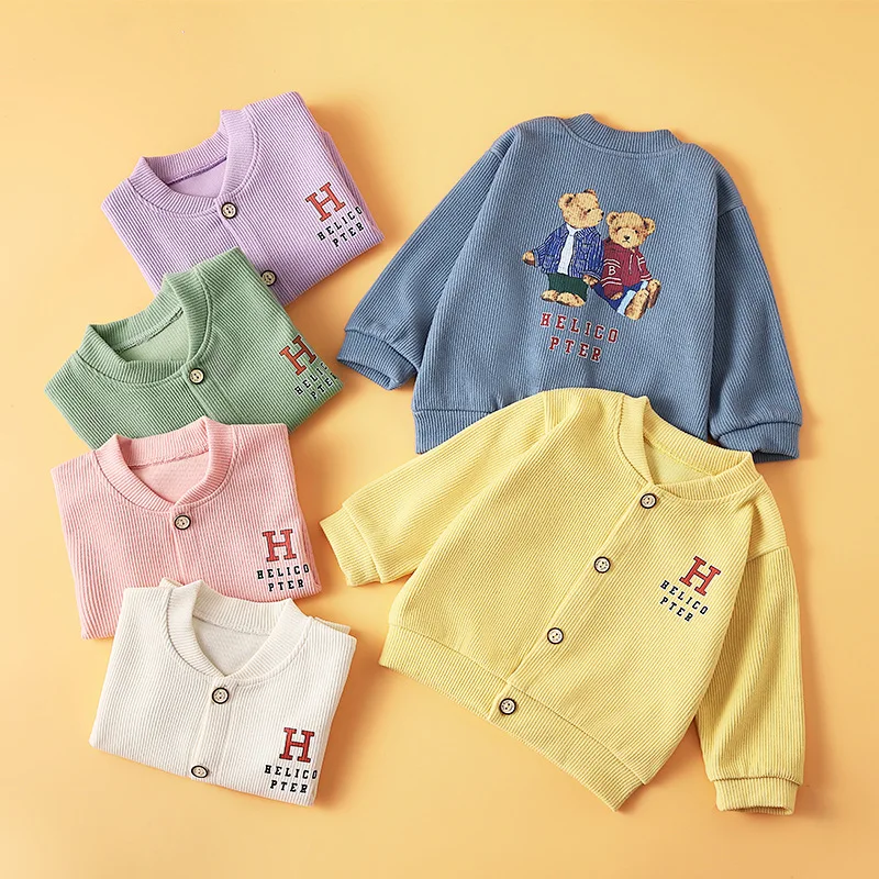 

Новинка 2022, Детский свитер с медведем, пальто на весну, осень и зиму, кардиган для мальчиков и девочек, вязаный пуловер с круглым вырезом, Баз...