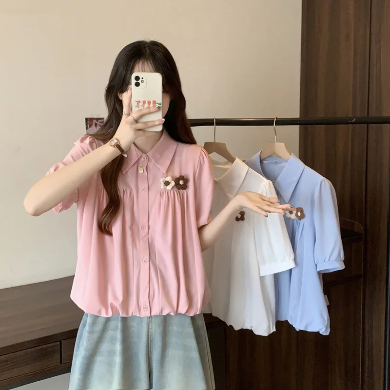 Модная однотонная шифоновая рубашка на пуговицах с оборками, женская одежда, новинка весны 2023, повседневные топы, свободная Офисная Женская блузка