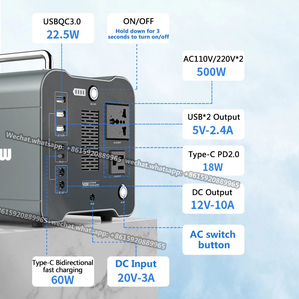 

Уличная портативная электростанция большой мощности 500 Вт, резервное хранилище энергии CPAP UPS с Type-C PD 60 Вт QC3.0 22,5 Вт SCP