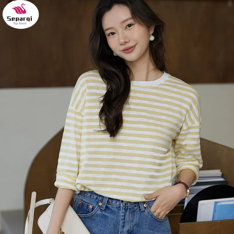 

SEPARQI Summer Short Sleeve Striped T-Shirts Women Knitted Basic Casual Tops Female Cozy Loose Cotton Tees 2023 Harajuku Shirt