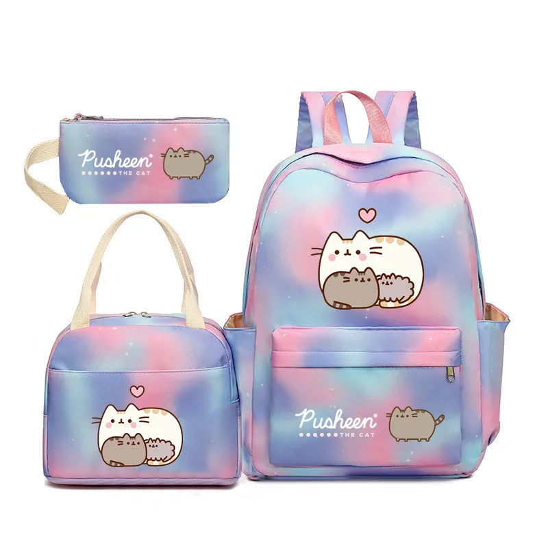 Фото Новая модель рюкзака Pusheen The Cat с градиентной радужной расцветкой для девочек, школьный рюкзак из трех частей для учеников начальной и средней школы. №4