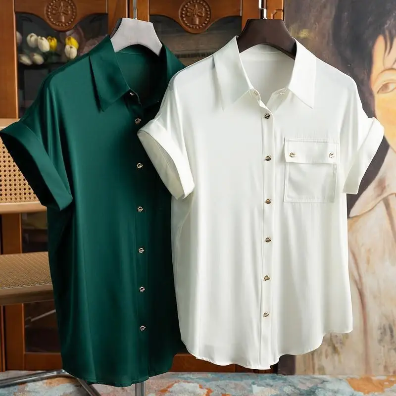 

Imitation Silk Women's Pocket Short Sleeve Shirt Womens Tops Camisas High Quality