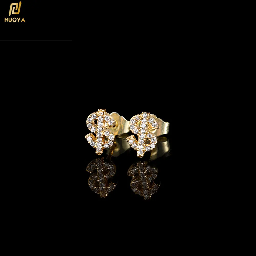 

Hip Hop Jewelry Stud Earrings Iced Out 3A Zircon Dollar Sign Gold Plated Earrings For Men