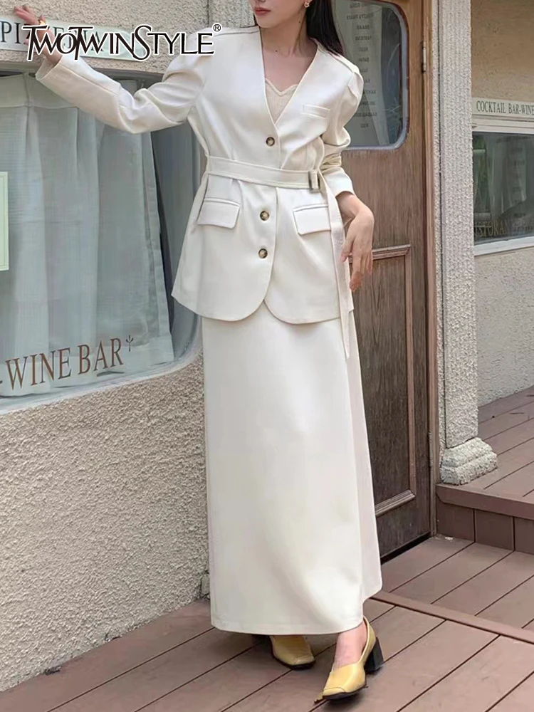 

TWOTWINSTYLE Solid Two Piece Set Womens V Neck Long Sleeve Tops Blazer High Waist Midi Skirts Casual Sets Female Clothing Autumn