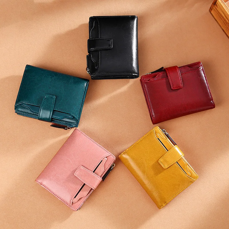 Women Wallet Genuine Leather Retro Oil Wax Cowhide Fashion Girls Wallet Short Zipper Cute Small Coin Purse for Women