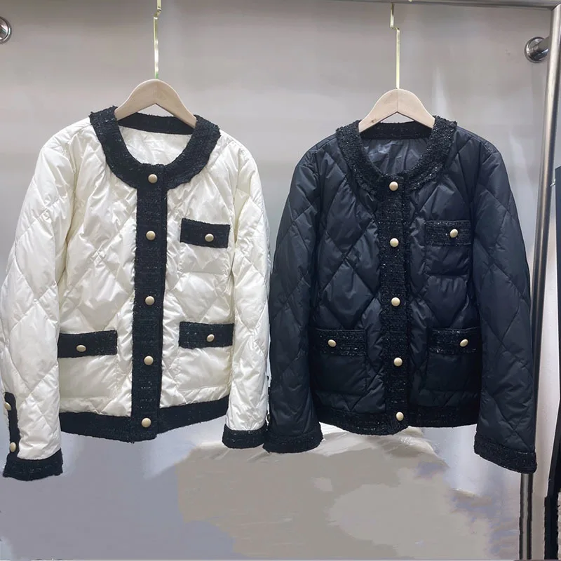 Korean down jacket women's 2022 autumn winter new short round neck tweed stitching diamond-shaped foreign style jacket