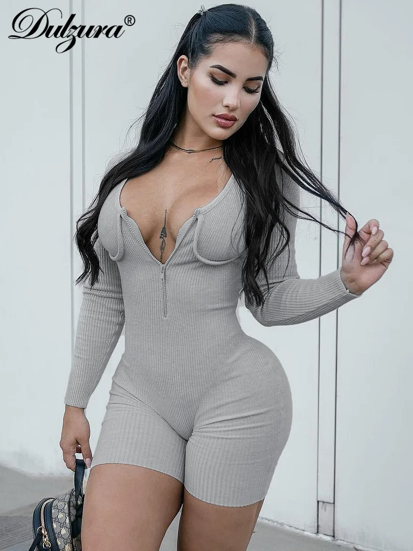 

Dulzura Solid Zipper Ribbed Long Sleeve Playsuit 2023 Summer Autumn For Women Party Clubwear Body-Shaping Sheath Sexy