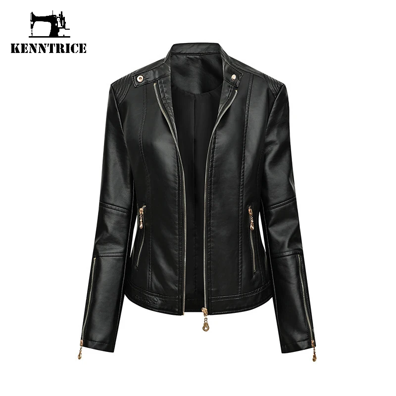 Kenntrice Women's Biker Jacket 2022 Spring Autumn Thin Long Sleeved PU Faux Leather Jacket Stylish Lady Turn-down Collar Outwear