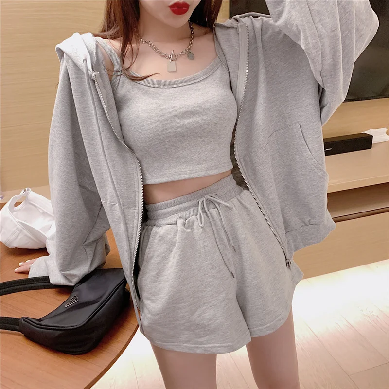3pcs Pj Sets for Women Fashion Vest Lingerie Long Sleeve Zipper Hooded Lace-up Shorts Women's Pijamad De Mujer Cotton Pajamas
