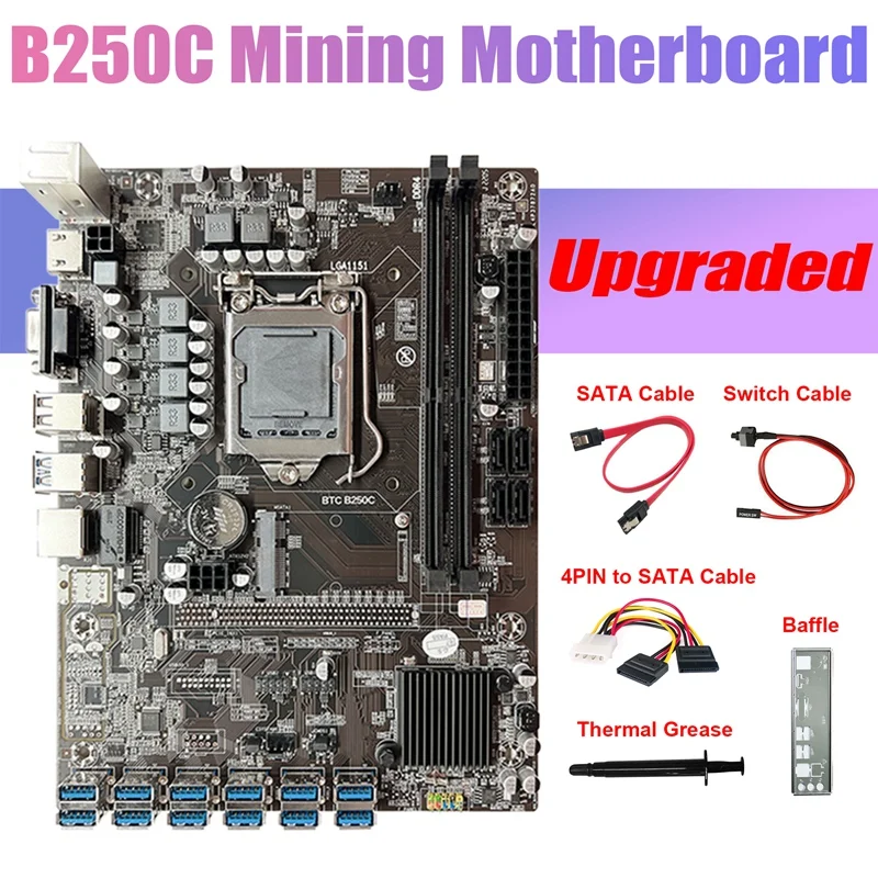 

B250C BTC Miner Motherboard+4PIN To SATA Cable+Switch Cable+SATA Cable+Thermal Grease+Baffle 12 USB3.0 LGA1151 For ETH