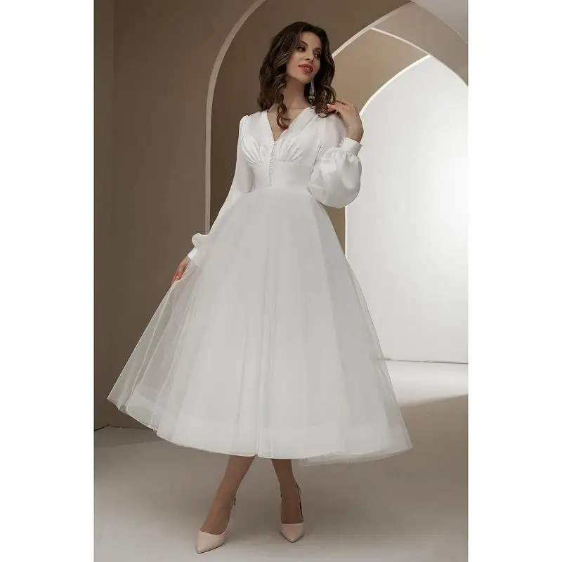 

Elegant V Neck Long Sleeves Short Wedding Dresses 2023 A Line Mid-Calf Simple Bridal Gowns With Buttons فستان حفلات الزفاف