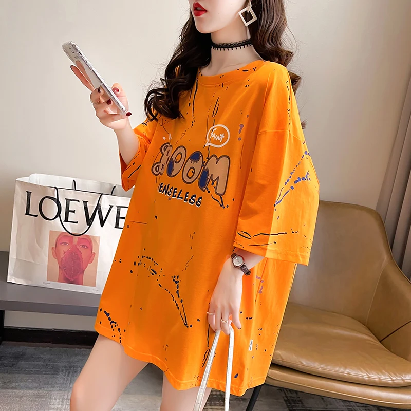 

Round Neck Mid-length Student Loose Tops Summer New Women Short-sleeved T-shirts Female Oversize Clothing Personality Girl Wear