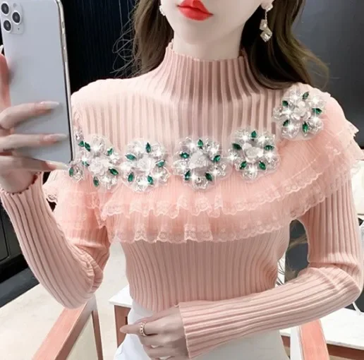 Розовый вязаный топ в европейском стиле с 3D цветочной вышивкой полосатый