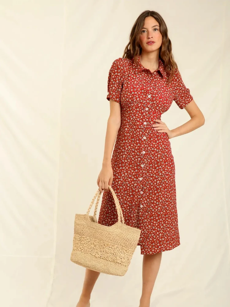 

Women Dress 2022 Summer New 100% Viscose Floral Print Lapel Puff Sleeve Single Breasted Women Casual Short Sleeve Midi Dress