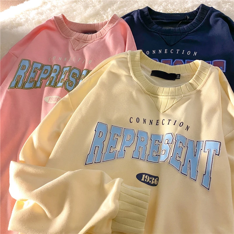 

M-2XL Oversized Sporty Sweatshirt for Woman Men Autumn Winters Long Sleeve Print Letter Loose American Retro Sweatshirts Ladies