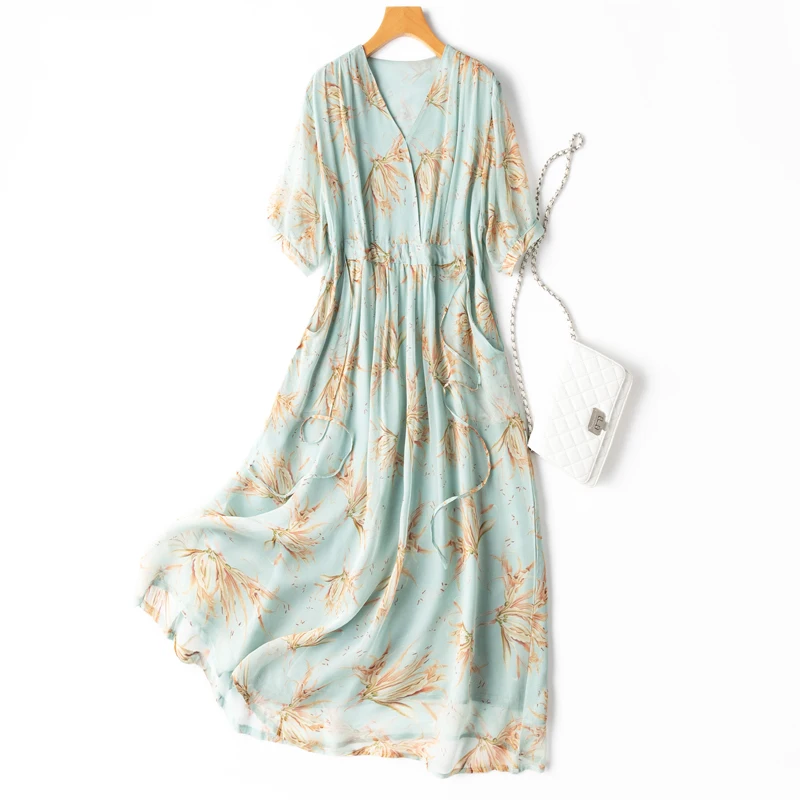 

Women Long Dress 100% Mulberry Silk Half Sleeve Dress with Lining V neck Green Flower Printed Belted Midi Dress 8195