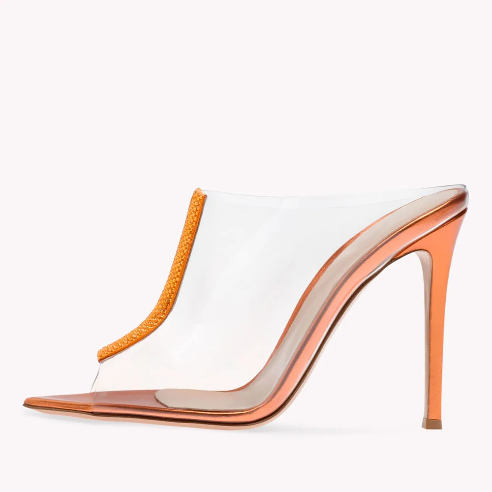 2023 Women's Pointed Toe Rhinestone Mules Sandals Stilettos Party High Heels Evening Shoes Ladies Silver Crystal PVC Slippers