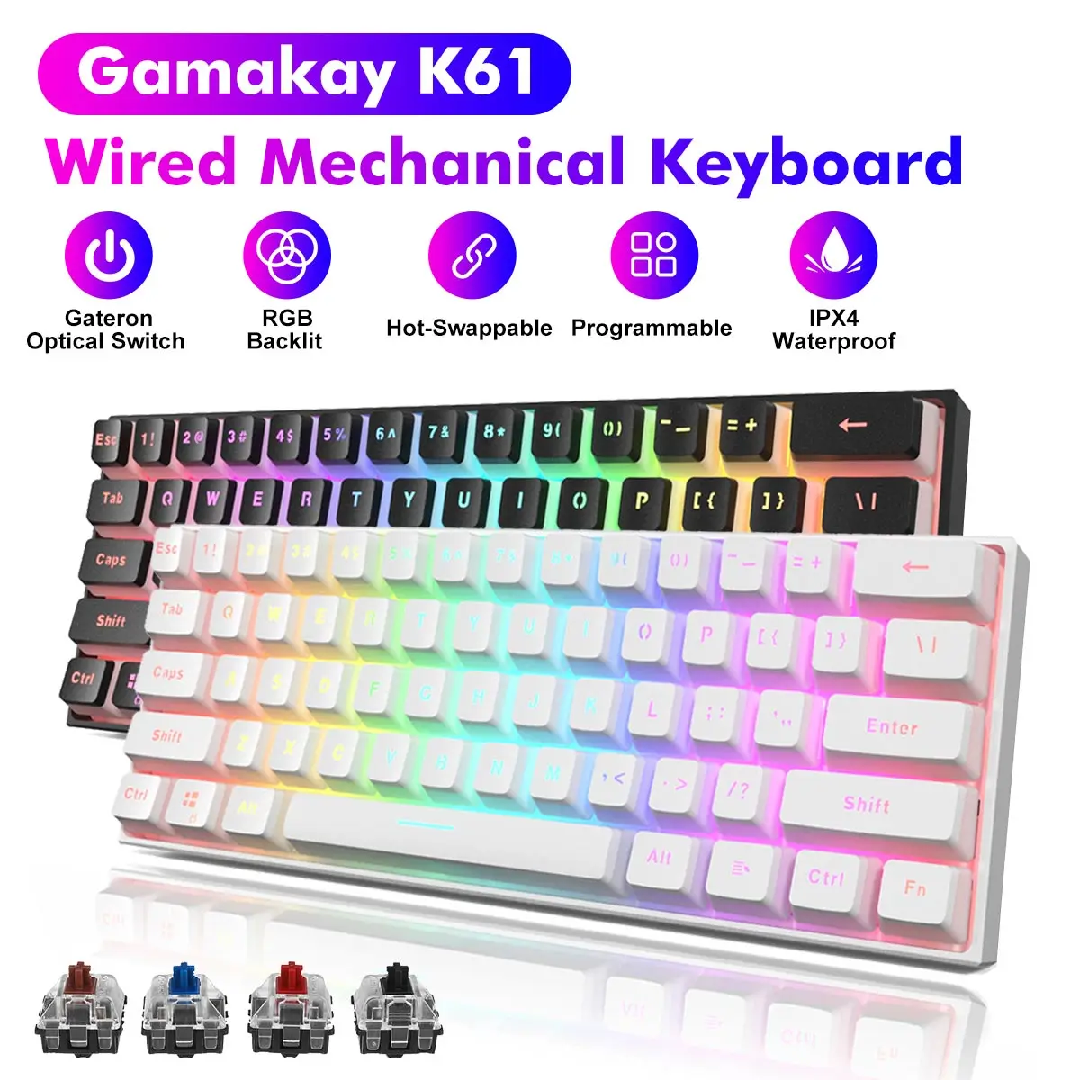 MK61 61 Keys Wired Gaming Mechanical Keyboard Gateron Optical Switch NKRO RGB Backlight PBT Keycaps Red Switch For PC Computer