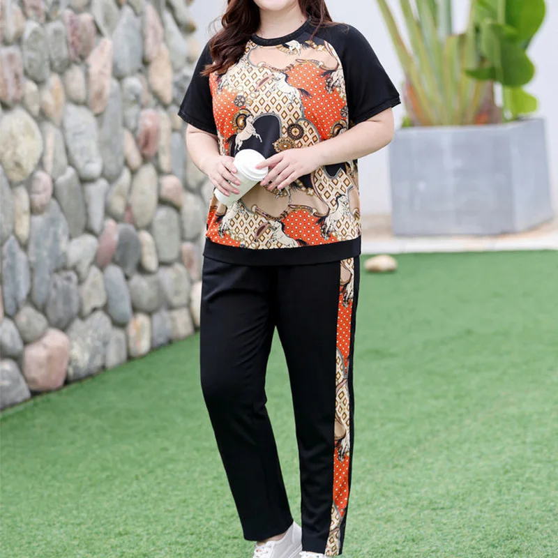 Plus Size Sets Women's Summer Round Neck Printing Short Sleeve Top Elastic Waist Pockets Long Pants Casual Two-piece Set Trend