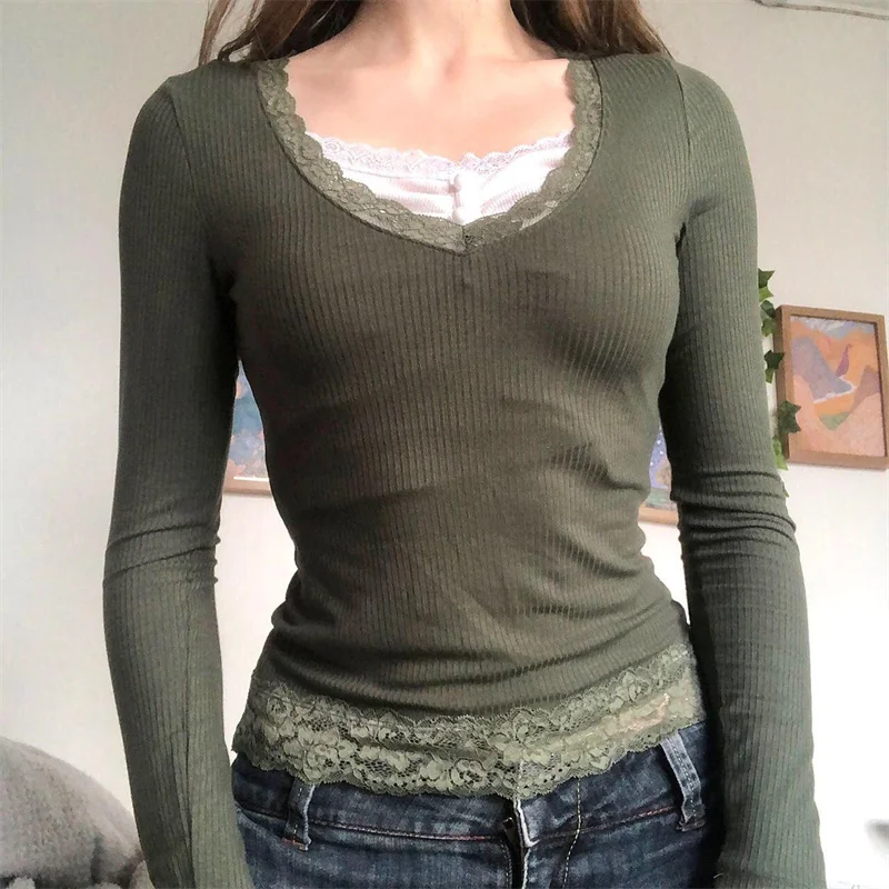 

Женская трикотажная футболка в рубчик, зеленые Лоскутные кружевные облегающие пуловеры с круглым вырезом и длинным рукавом, осень-весна