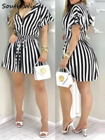 striped colorblock ruffles shirt dress women short sleeve v neck mini work dress summer dress