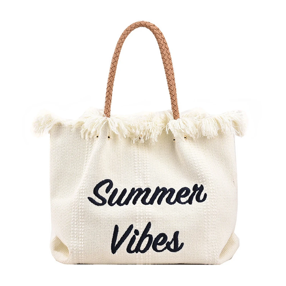 

Canvas Tote Bags Women Embroidery Letters Class Daily Shopping Shoulder Bag Fashion Large Capacity Weave Tassels Handbags 2022