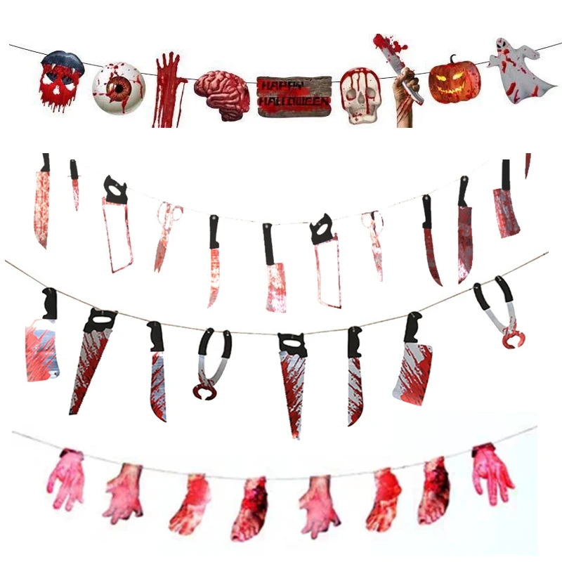 

Halloween Blood Knife Hanging Tools Sets Horror Weapon Garland Banner Props for Haunted House Vampire Zombie Party Decorations