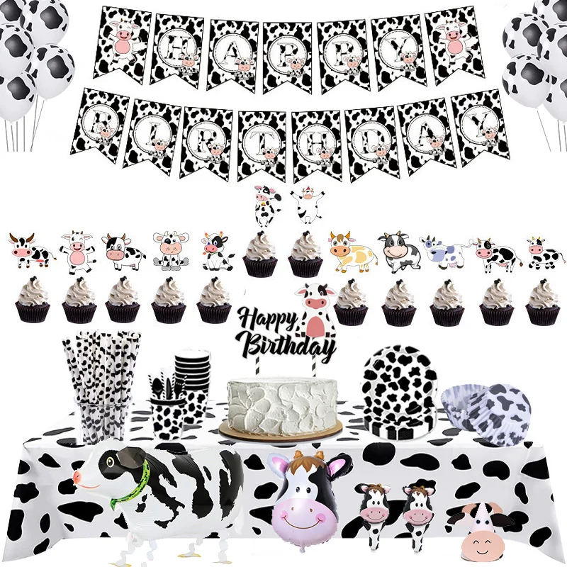 

Farm Cow Print Birthday Party Supplies Disposable Tableware Cow Plates Cup Cutlery Napkins Balloons for Baby Shower Animal Party