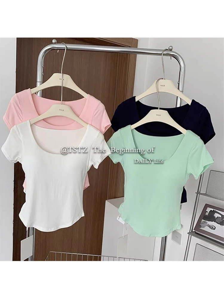 2022 Летний Тонкий спортивный жилет сексуальный женский короткий рукав U-образный