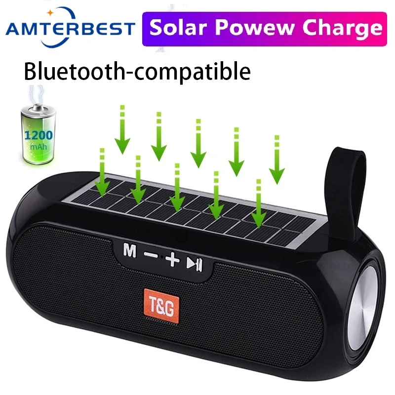 AMTERBEST Powerful Speaker with Solar Plate Bluetooth-compatible Stereo Music Box Power Bank Boombox Waterproof USB AUX FM Radio