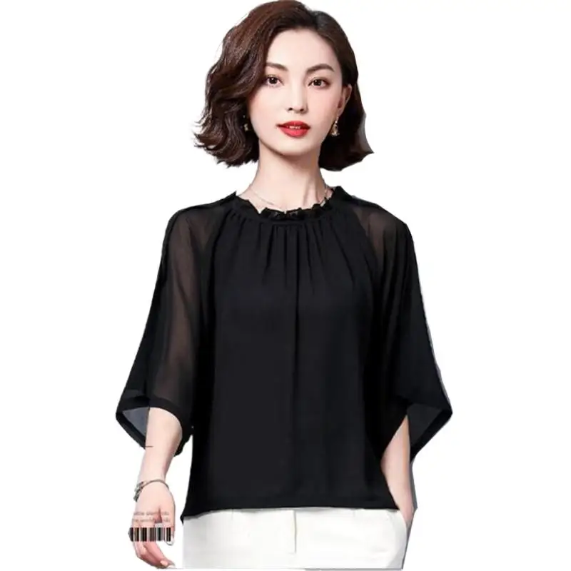 

2023 Summer Blouses for women ,Korean women elegant Lotus leaf collar chiffon shirt,Office Blusas lady Feminina Tops