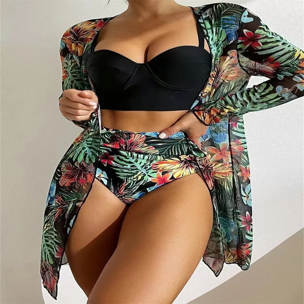 

2023 Summer Spice Girls Three-piece Hard Bikini Trendy Casual Sexy Slim Split Printed Triangle Hot Spring Beach Swimsuit