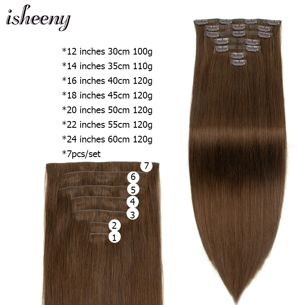 Brown Human Hair Clip ins Extensions Seamless Invisivle 100-120g Natural Straight Pieces 7pcs/set PU Skin Weft