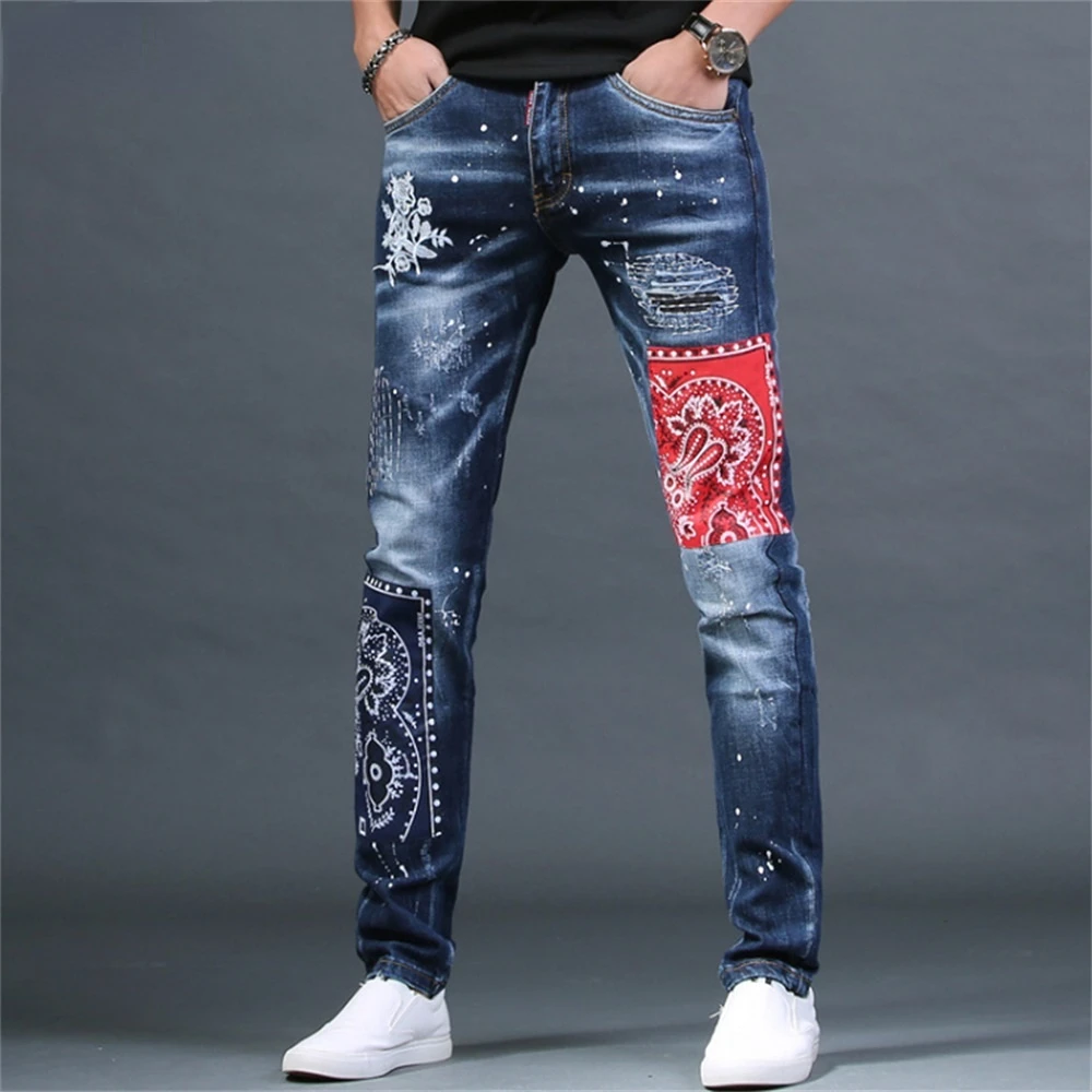Embroidered Patch Jeans Men's Painted Ripped Hole Ethnic Style Decoration Micro Chapter Scratched Cotton Slim Pants Plaid