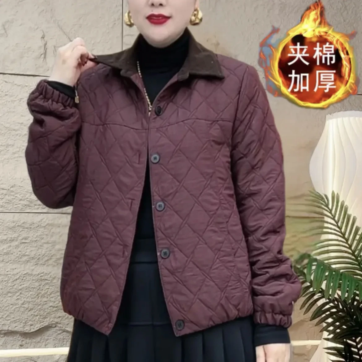 2024 Winter Temperament Fashion Mother Lapel Rhombus Cotton-padded jacket Top Warm Cotton-Padded Jacket Western Sle Age-Red...