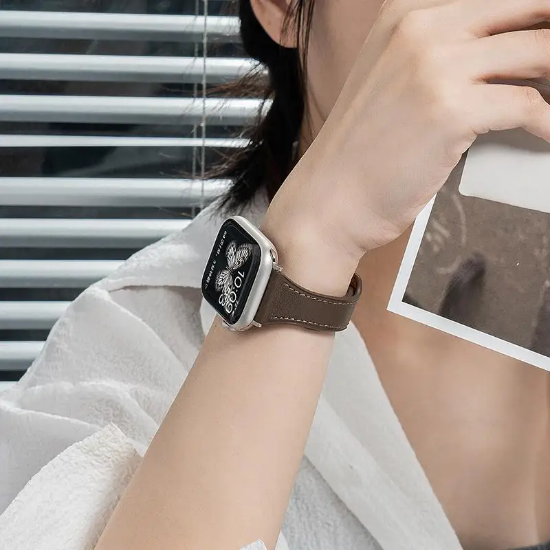 Slim Leather Strap for Apple Watch Band 41mm 45mm 40mm 44mm 49mm Correa Women Wristband Bracelet for iWatch Series 8 7 6 5 SE 4