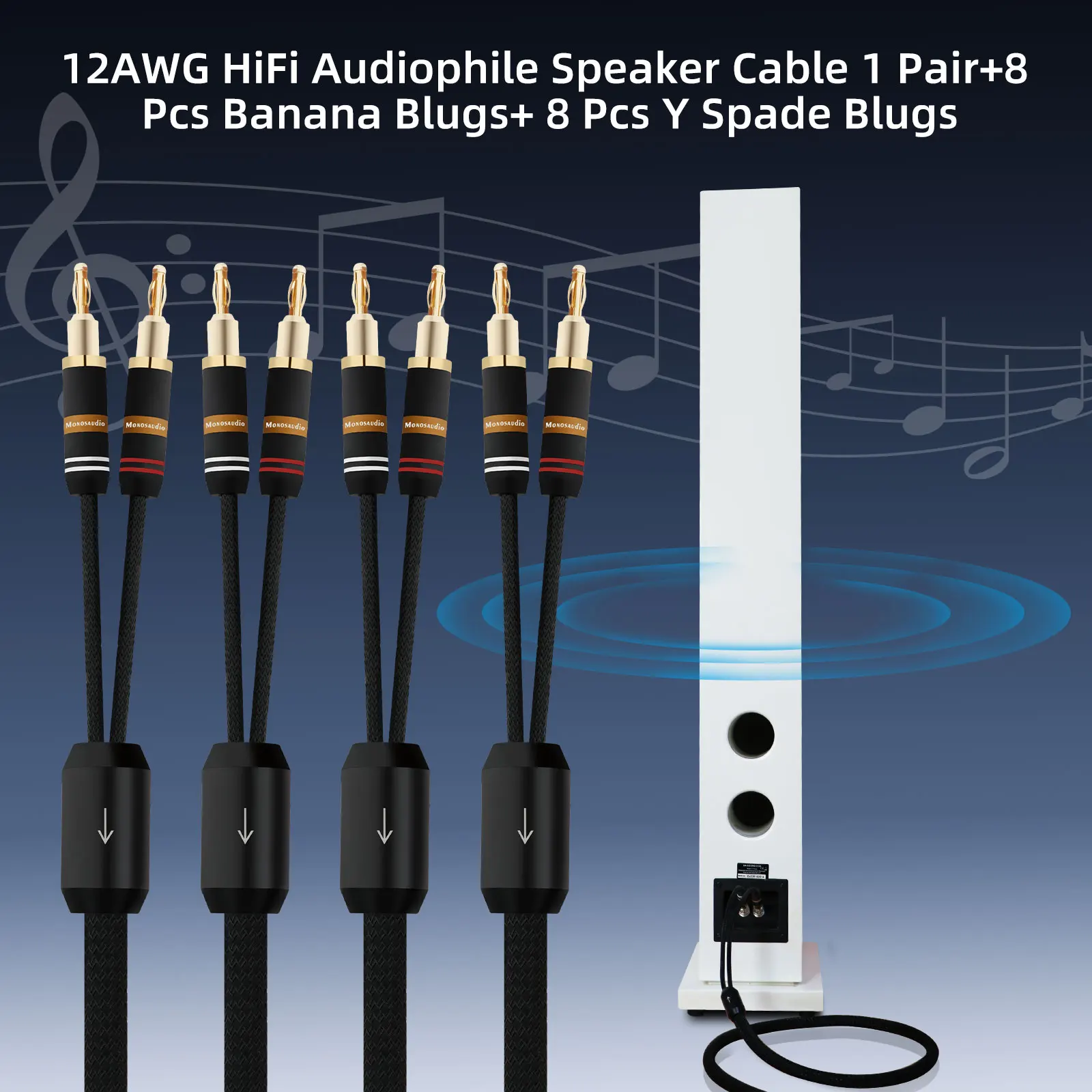 

Monosaudio S801 Hifi Audio OFC Copper Audiophile Speaker Cable Loudspeaker Wire with 2-2 Banana/Y Spades Connectors Video Line