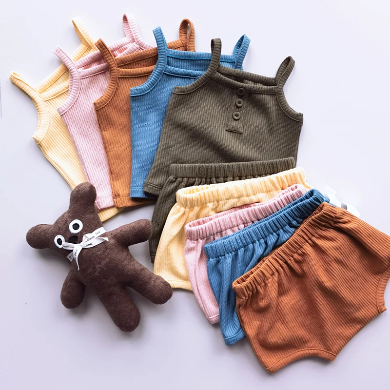 Baby Clothes Sets Summer Toddler Girl Strap Suits Cotton Solid Baby Boy Tops Tee and Shorts Infant Tracksuit Newborn Sets