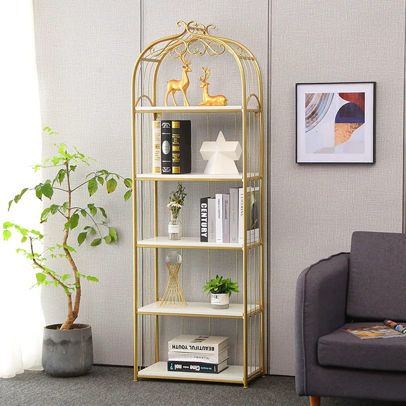 

Iron Bookshelf Light Luxury Gold Storage Shelf Living Room Multi-layer Floor Partition Rack Display Frame Household Furniture
