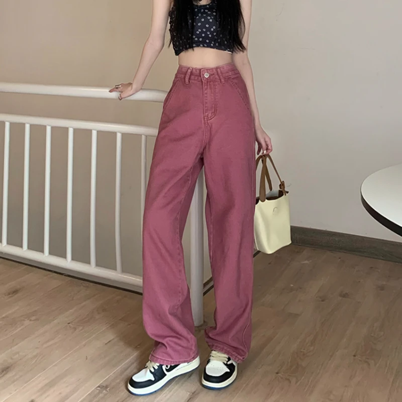 

Pink Jeans for Women Wide Leg Pants High Waisted Loose Trousers Streetwear Colored Jeans White Black Long Pants