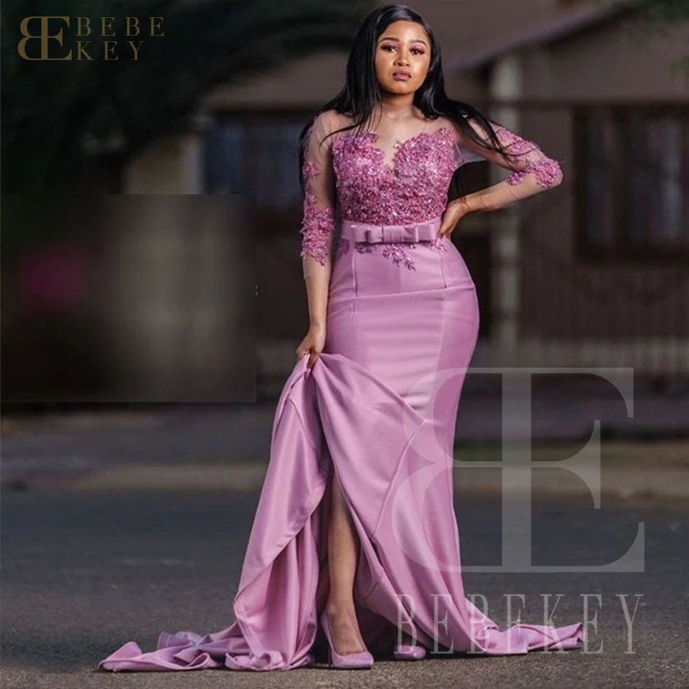 

Женское атласное платье подружки невесты, фиолетовое элегантное платье с длинным рукавом и аппликацией для свадебной вечеринки