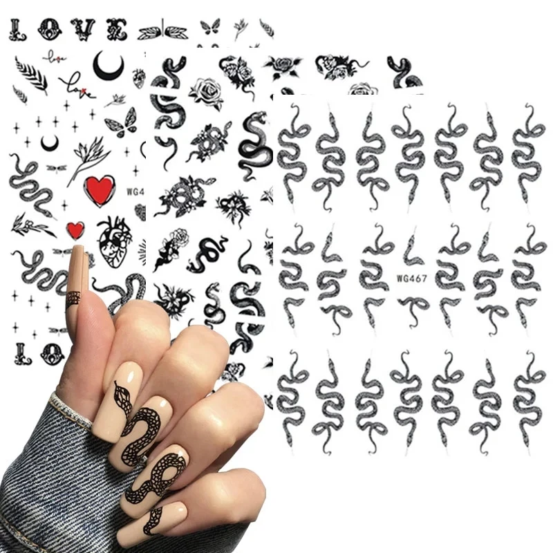 3D Snake Design Nail Art Stickers Colorful Dragons Slider Decals Black Snake for Manicure Nail Art Decoration New Year Sticker