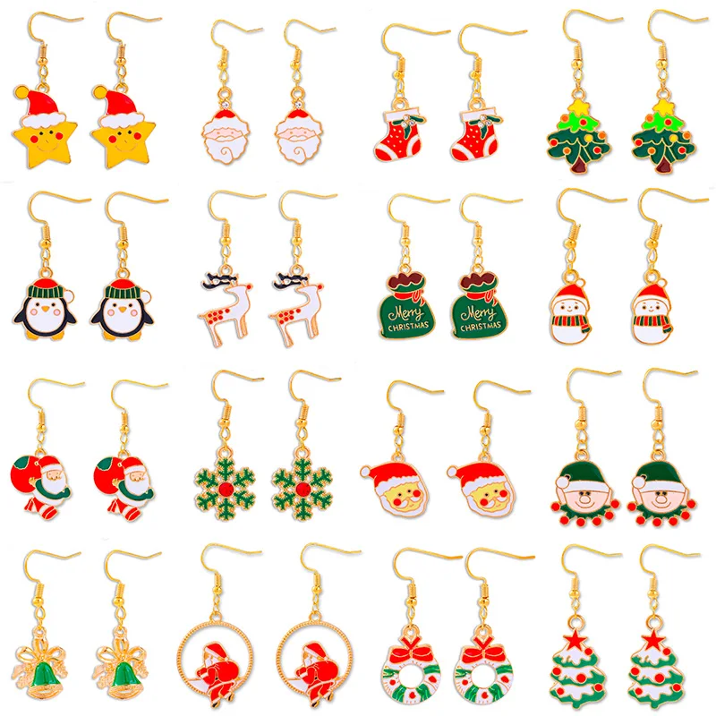 

Cute Enamel Cartoon Christmas Drop Earrings Xmas Santa Claus Tree Snowflake Deer Dangle Hook Earring Xmas New Year Jewelry Gift